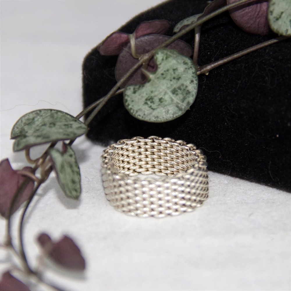 Sterling Silver Mesh Band Ring 925 Woven Wide Statement Flexible Size 9